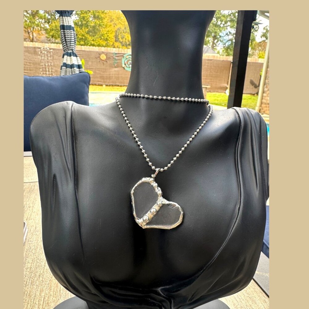 Handcrafted Stained Glass Heart Pendant w/ Silver Blend Metalwork SS Ball Chain - Picture 3 of 13